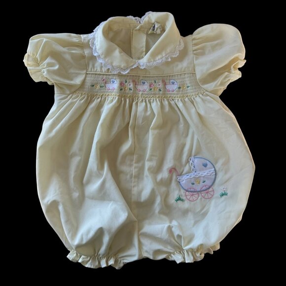 Vintage Baby Carriage Embroidered Smocked Pastel Yellow Romper 3-6 Months - Picture 1 of 7